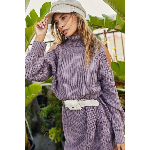 LILAC TURTLENECK COLD SHOULDER SWEATER DRESS - Picture 2 of 4